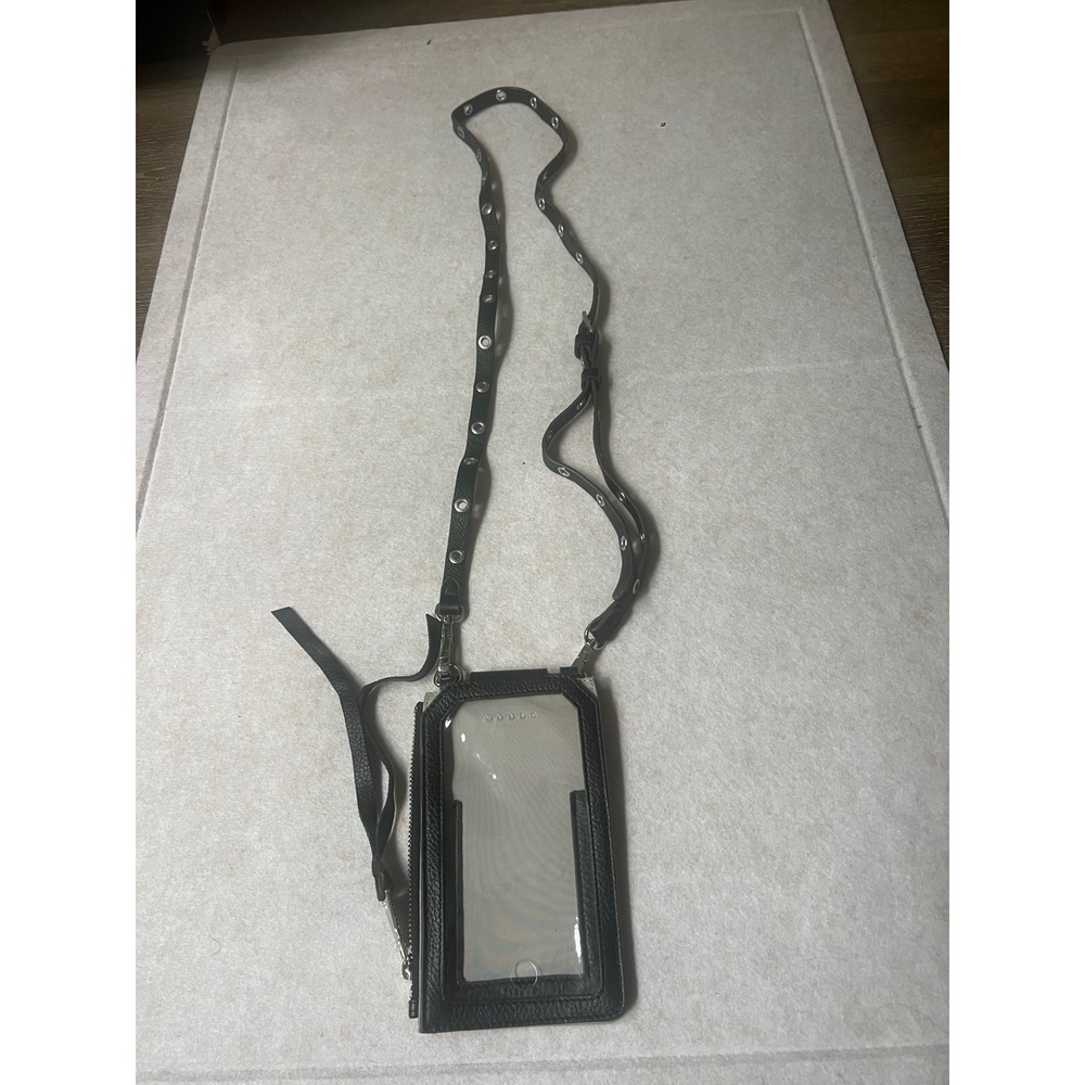Aimee Kestenberg Black Leather Grey Nylon Crossbody Phone Bag Grommet Strap - Picture 7 of 8
